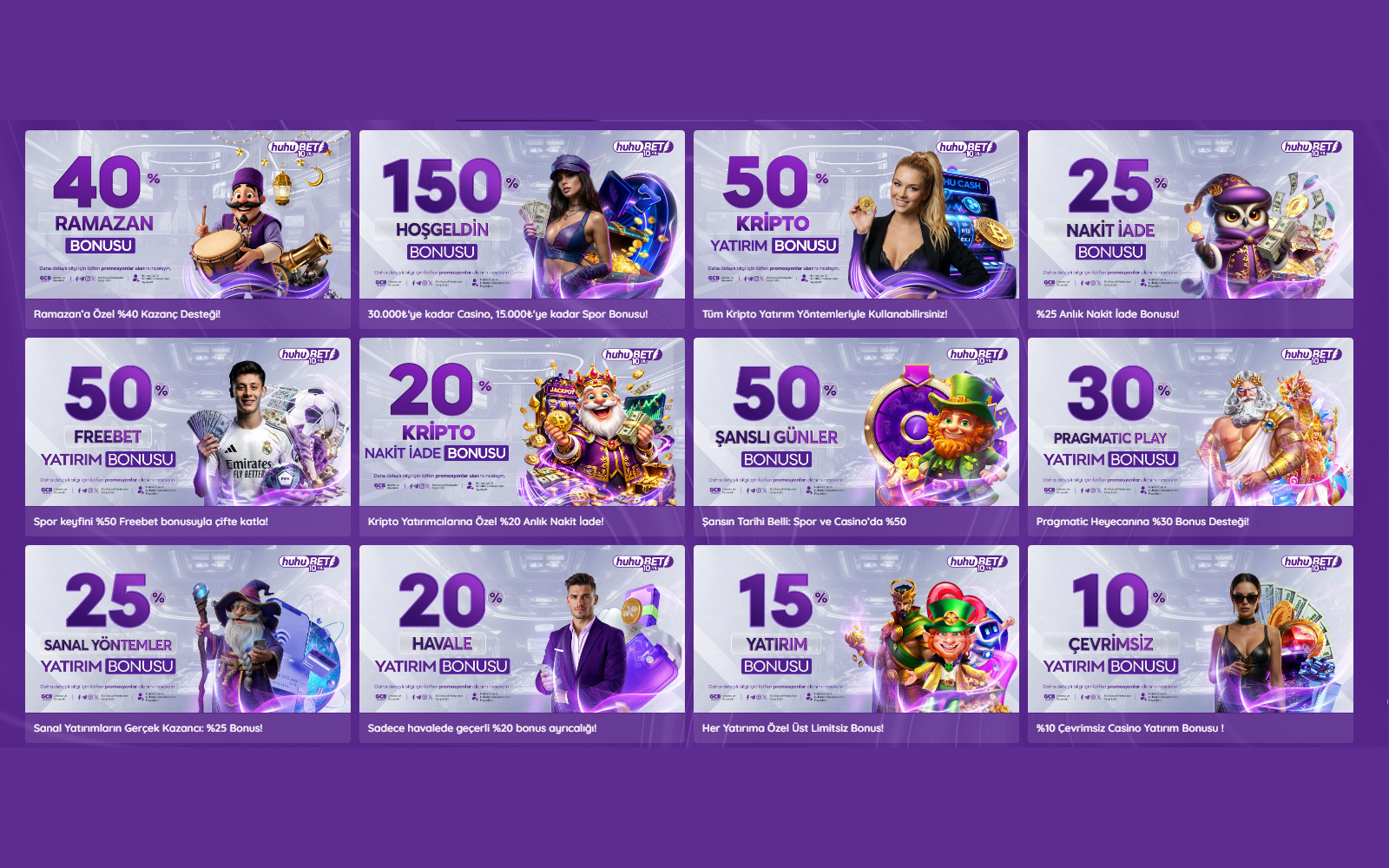 Huhubet bonus sayfasında canlı casino masalarına özel yatırım bonus fırsatlarının yer aldığı kampanya listesi.
