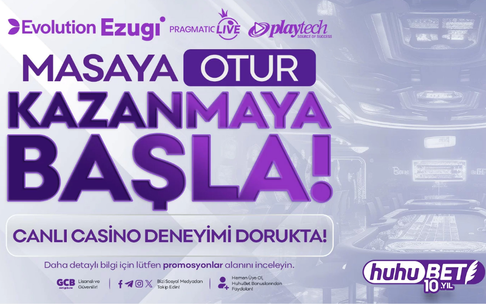 Huhubet casino lobisinde canlı krupiyeli rulet ve blackjack masalarına yönlendiren kısayol kutucukları.