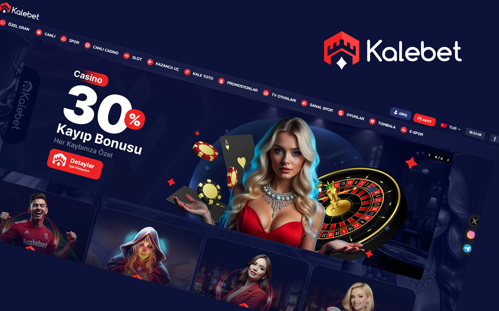 Kalebet giriş anasayfasında ana banner, kategori şeritleri ve alt bölümde yer alan bilgilendirme linkleri.