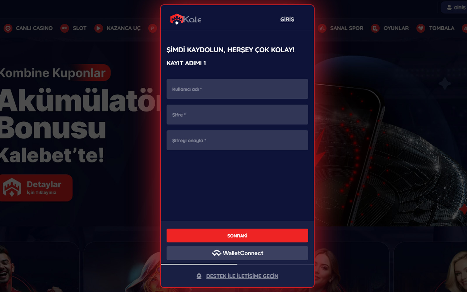 Kalebet kayıt sayfasında şartları kabul et kutucuğu ve onayla butonunun yer aldığı alt bölüm.