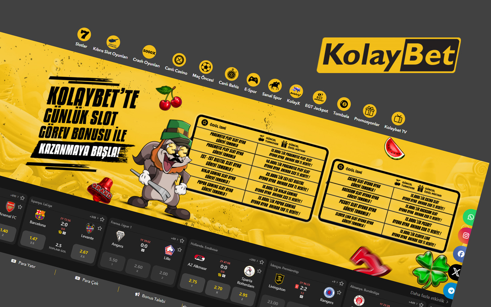 Kolaybet giriş sayfasında kullanıcıların kupon oluşturmasına yardımcı olan ana menü ve oran listesi.