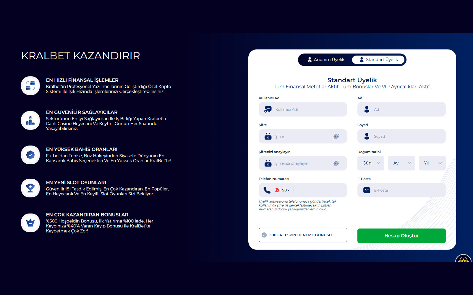 Kralbet kayıt ekranında ülke, para birimi ve telefon numarası seçim alanlarının görüldüğü sayfa.