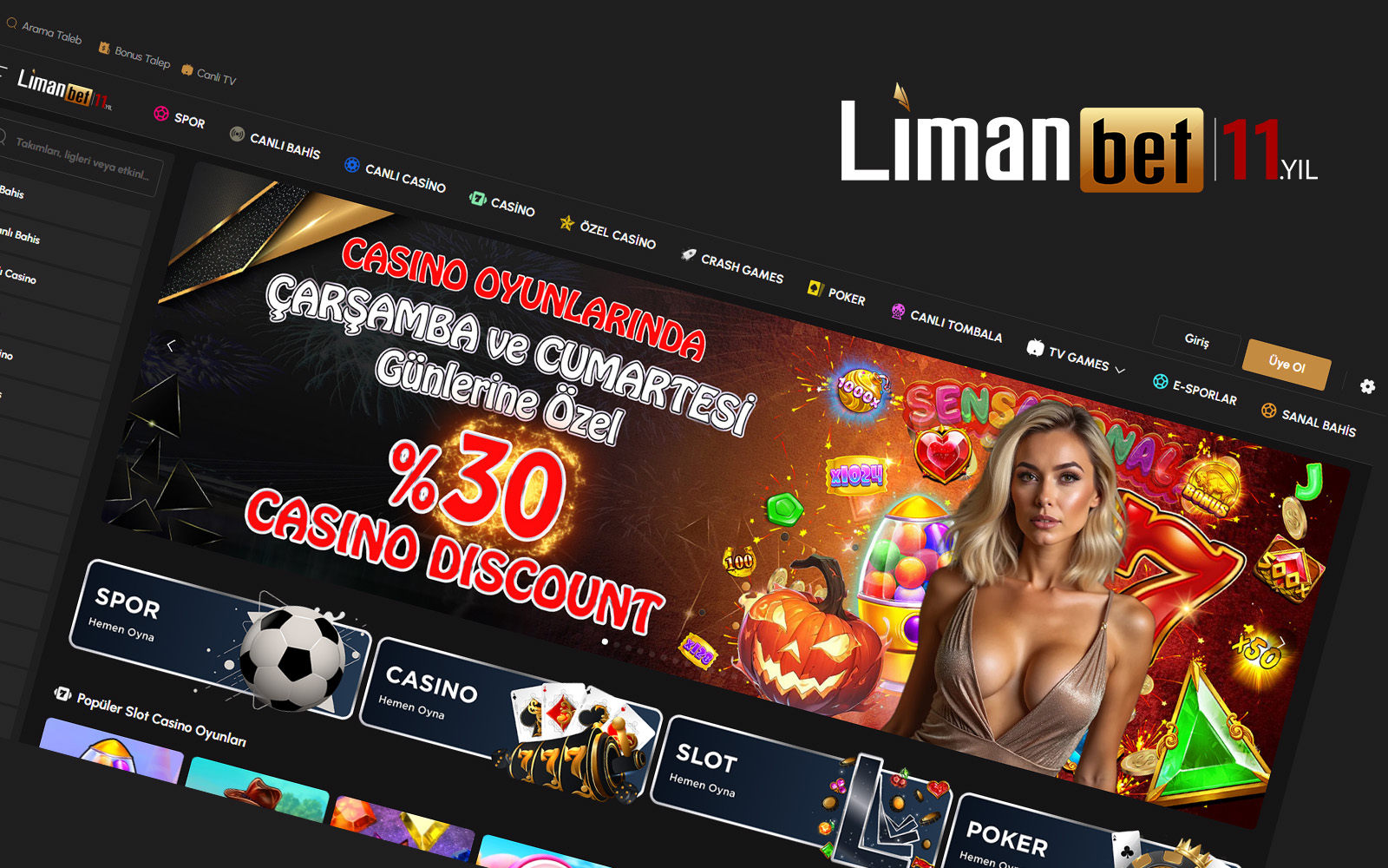 Limanbet giriş sayfasında yeşil tonların hakim olduğu spor odaklı ana ekran tasarımı.