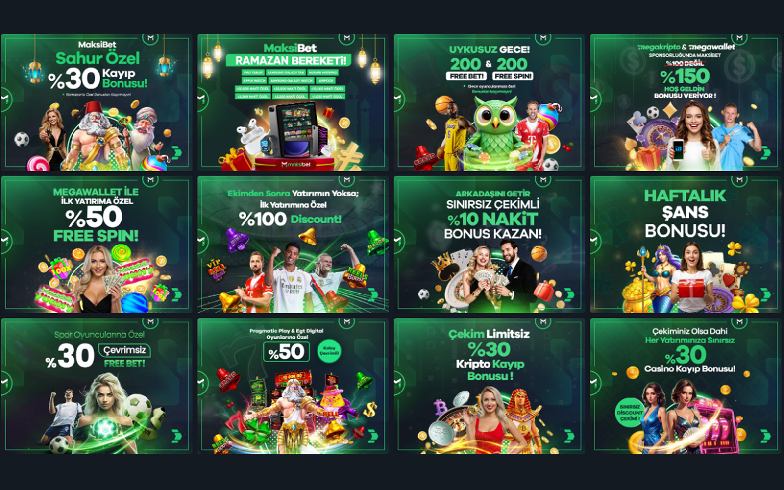 Maksibet bonus bölümünde spor ve casino için ayrı başlıklarla sunulan bonus seçeneklerinin görüldüğü arayüz.