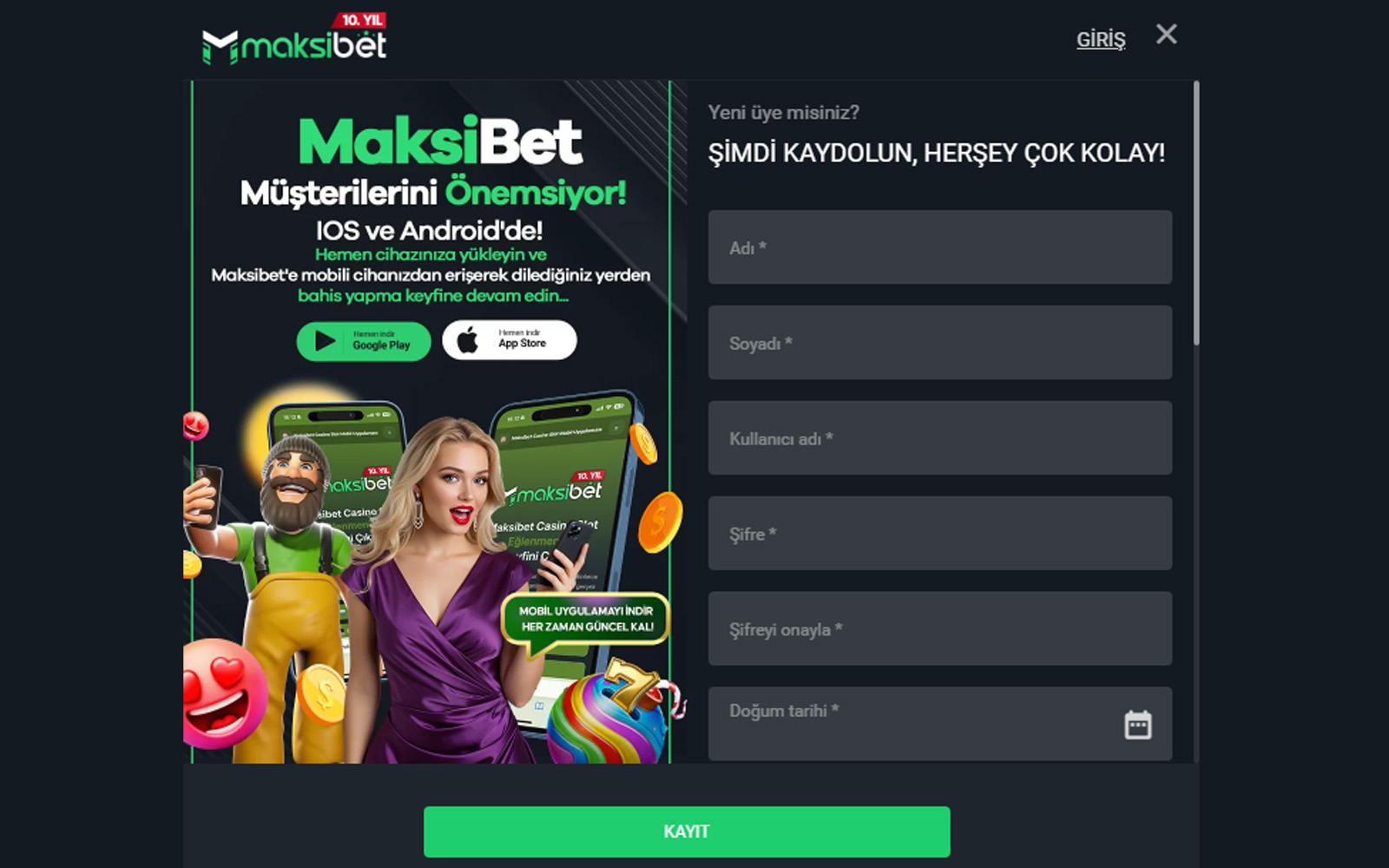 Maksibet kayıt sayfasında tek adımda üyelik oluşturmaya odaklanan sade form tasarımı.