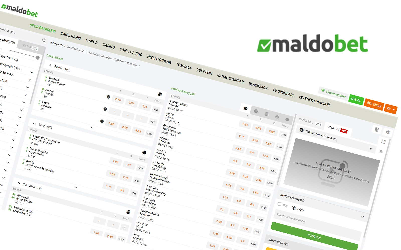 Maldobet giriş anasayfasında masaüstü versiyonda geniş ekran yapılandırması ve sol menü detayları.