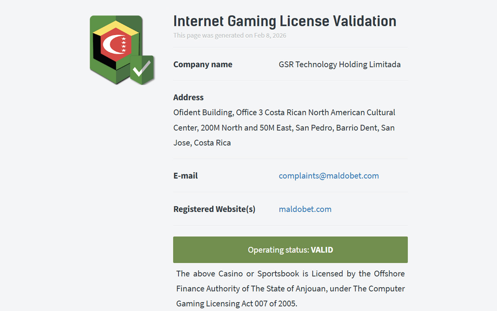 Maldobet lisans bölümünde yaş sınırı uyarıları ve yasal erişim koşullarını anlatan açıklayıcı paragraflar.