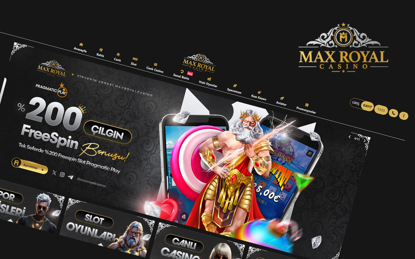 Maxroyalcasino giriş anasayfasında üst bölümde logo, giriş paneli ve promosyon duyurularının yer aldığı tasarım.