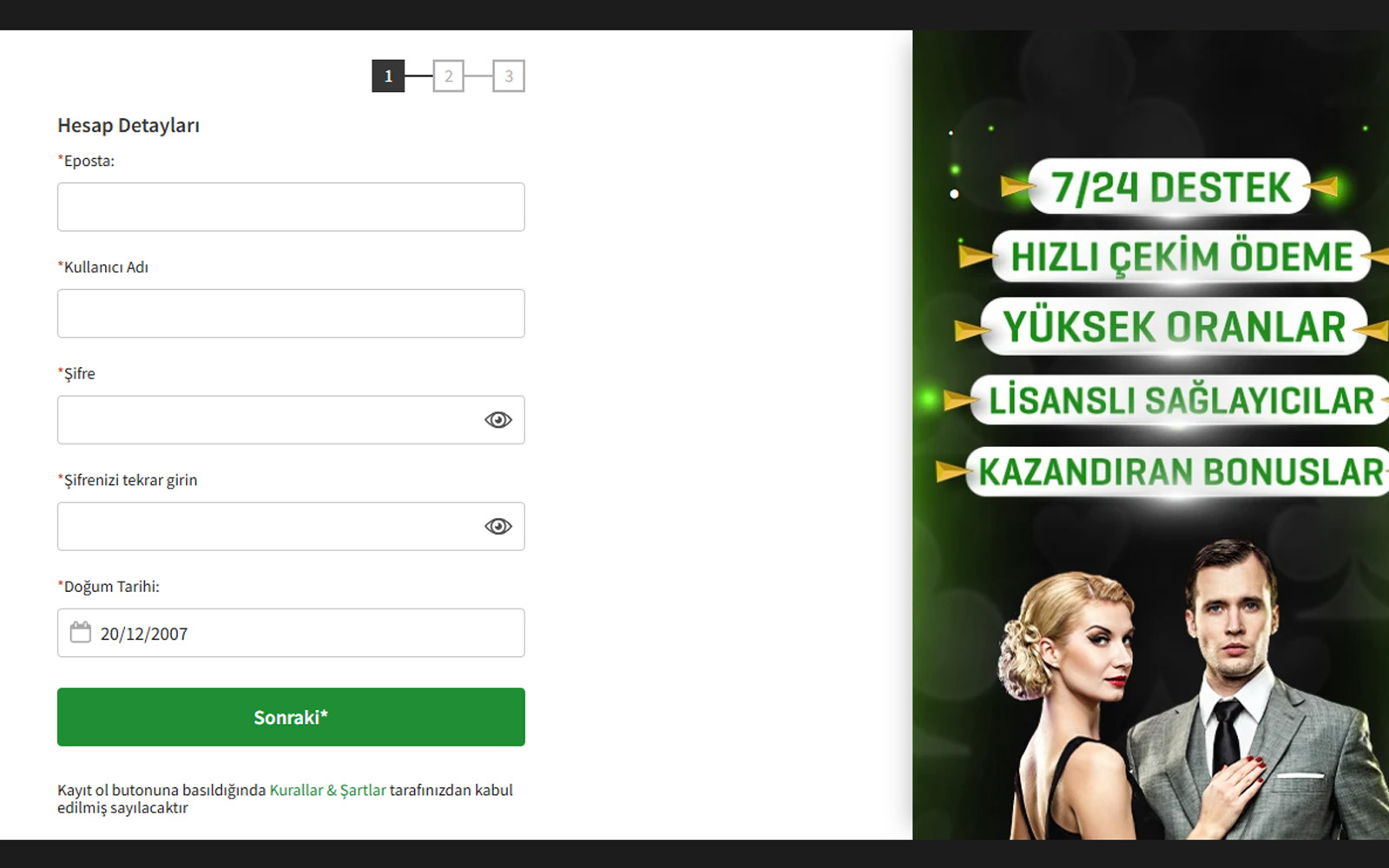 Megabahis kayıt ekranında hatasız doldurulan alanların yeşil onay işareti ile gösterildiği kullanıcı deneyimi odaklı sayfa.