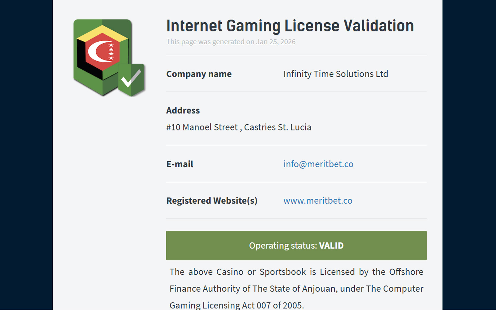 Meritbet lisans sayfasında ekranın üst kısmında lisans başlığı, altında detaylı yasal metin bloklarının bulunduğu görünüm.