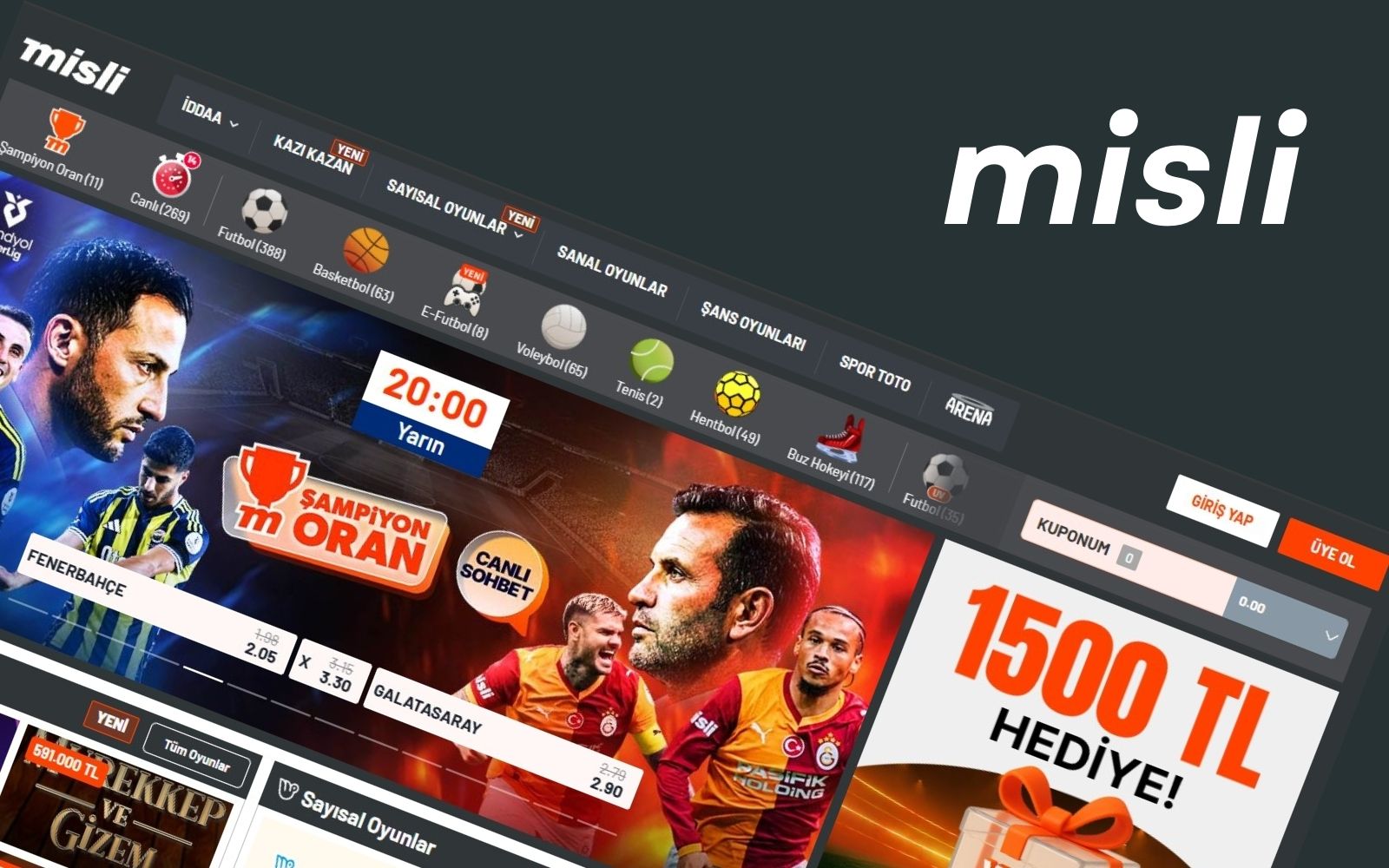 Misli giriş anasayfasında mobil uyumlu, sade ve hızlı erişim sağlayan arayüz yapısı.