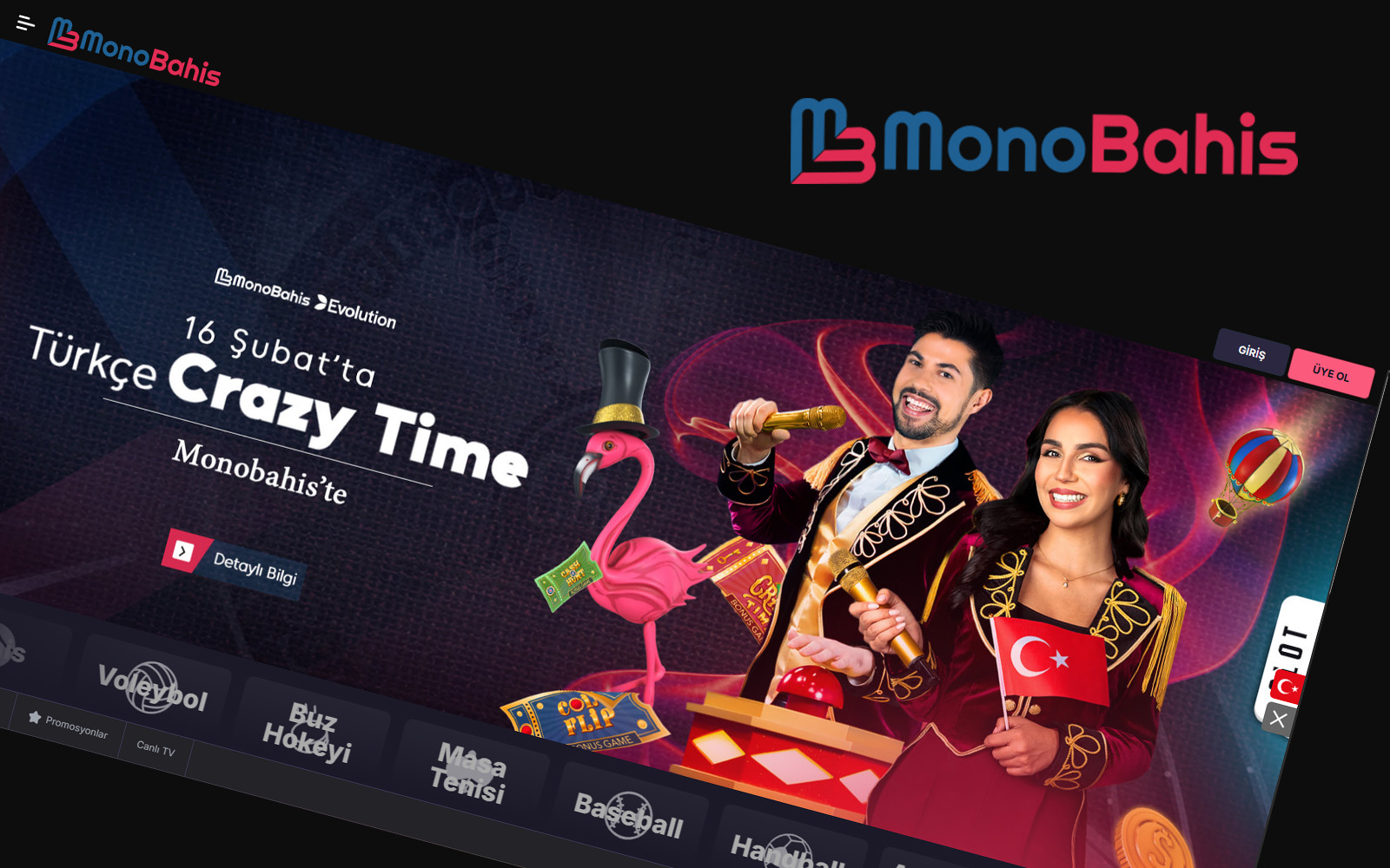 Monobahis giriş anasayfasında ana banner, kategori şeritleri ve alt bölümde yer alan bilgilendirme linkleri.