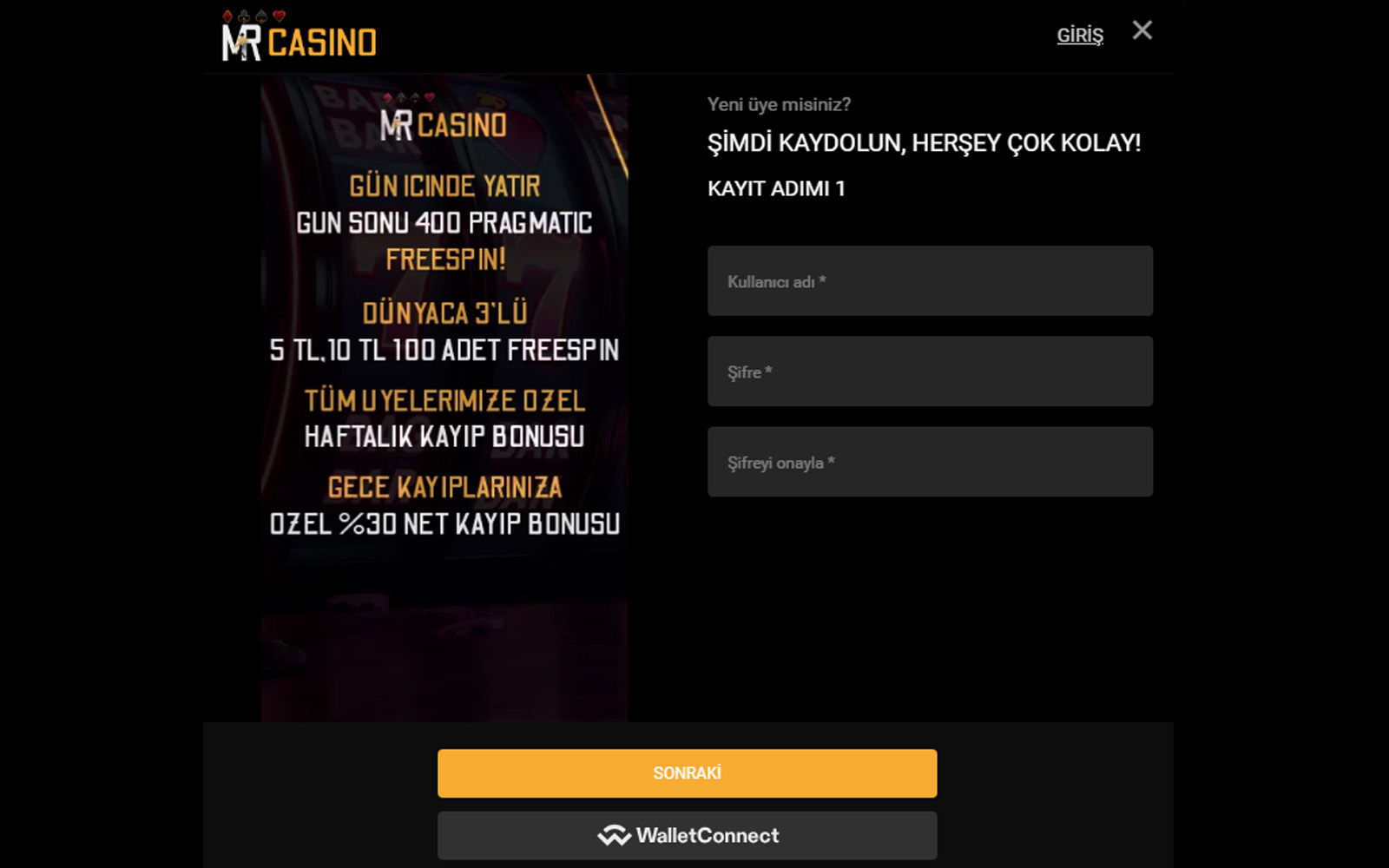 Mrcasino kayıt sayfasında adres ve şehir bilgilerinin ayrı satırlarda istendiği ayrıntılı form görünümü.