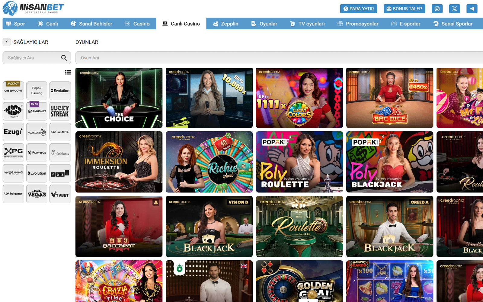 Nisanbet casino bölümünde koyu arka plan üzerinde parlak oyun logolarıyla modern bir görünüm sunan tasarım.