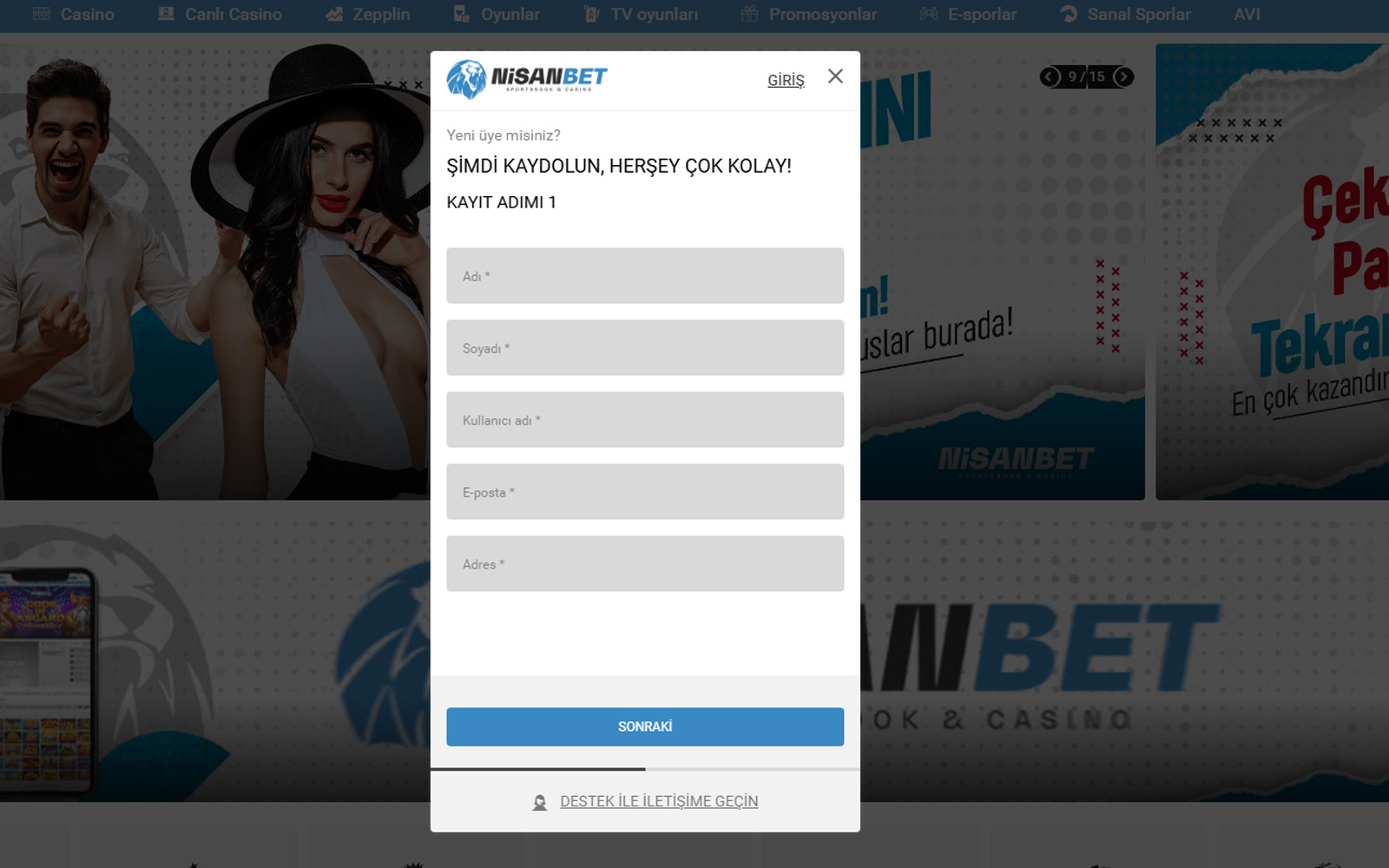 Nisanbet giriş ekranında sağ üst kısımda giriş ve kayıt ol alanlarının bulunduğu görünüm.