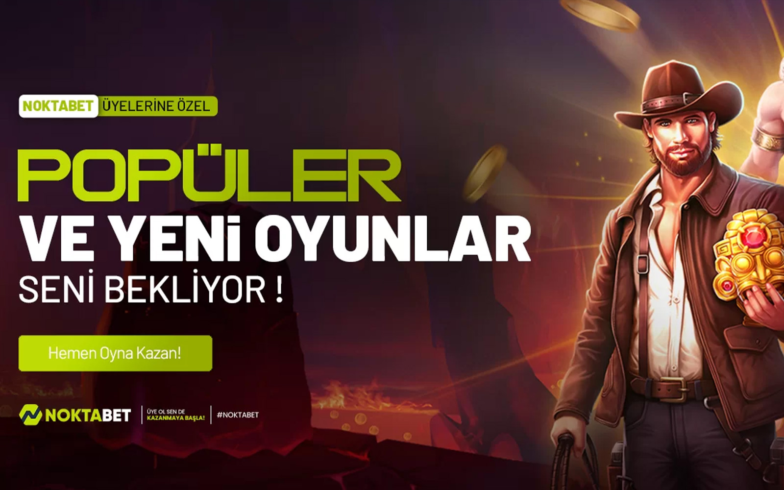 Noktabet casino ekranında büyük görsellerle tanıtılan jackpot slot oyunları ve kazanç göstergeleri.
