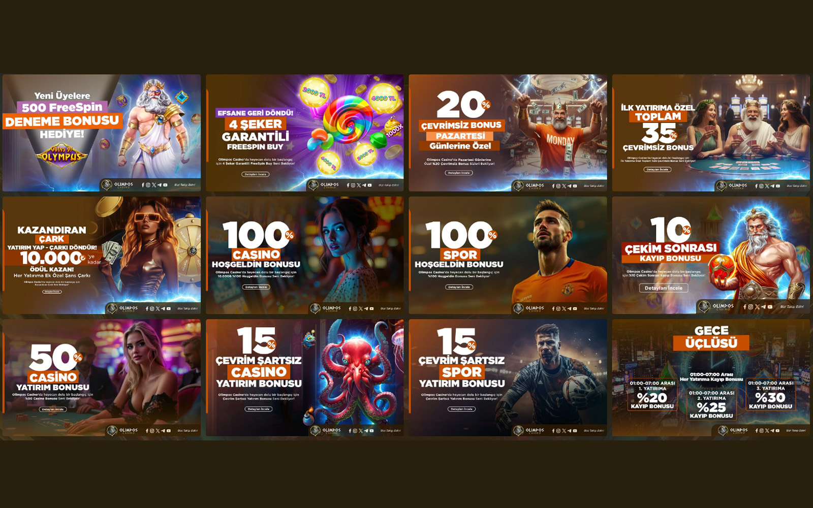 Olimposcasino bonus sayfasında hem spor hem casino oyuncuları için ortak kullanılabilen genel yatırım bonus paketleri.