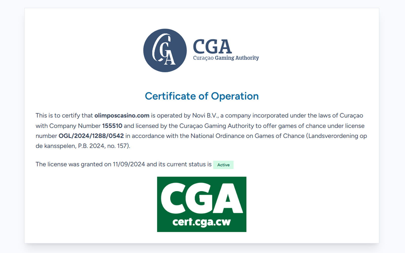 Olimposcasino lisans bölümünde lisans kapsamına giren ürünler ve hizmetler için ayrı ayrı açıklama yapılan ekran.