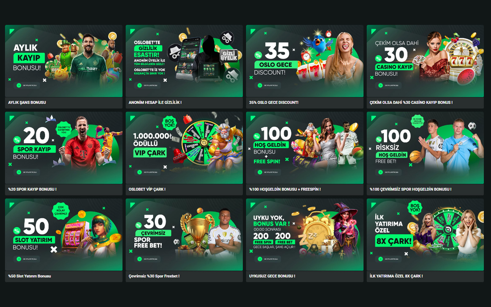 Oslobet bonus sayfasında hesap hareketlerine göre otomatik tanımlanan sürpriz bonus kampanyalarının listelendiği görünüm.