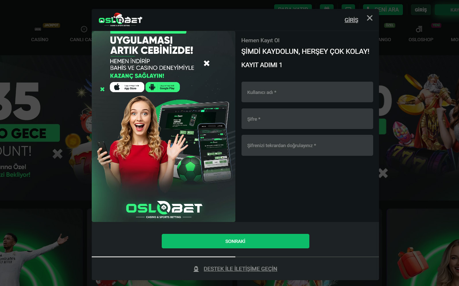 Oslobet kayıt ekranında ülke, para birimi ve telefon numarası seçim alanlarının görüldüğü sayfa.