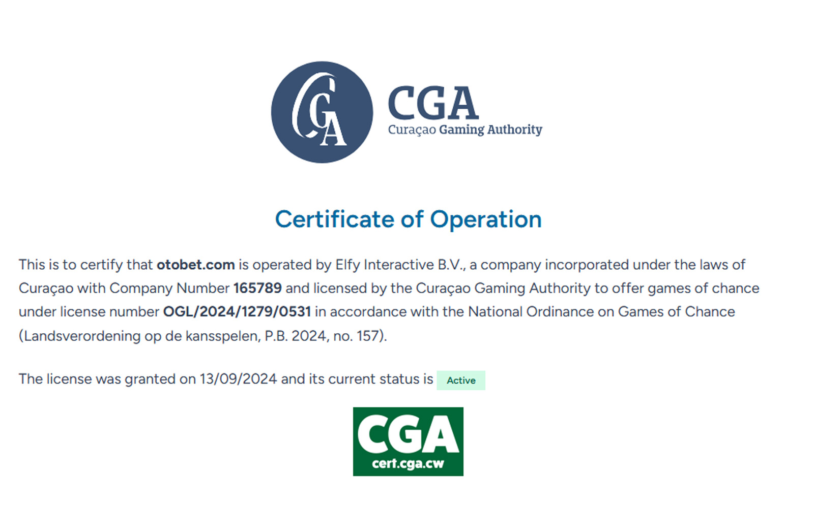 Otobet lisans ekranında şirket adı, kayıt numarası ve denetleyici kurum detaylarının yer aldığı görünüm.