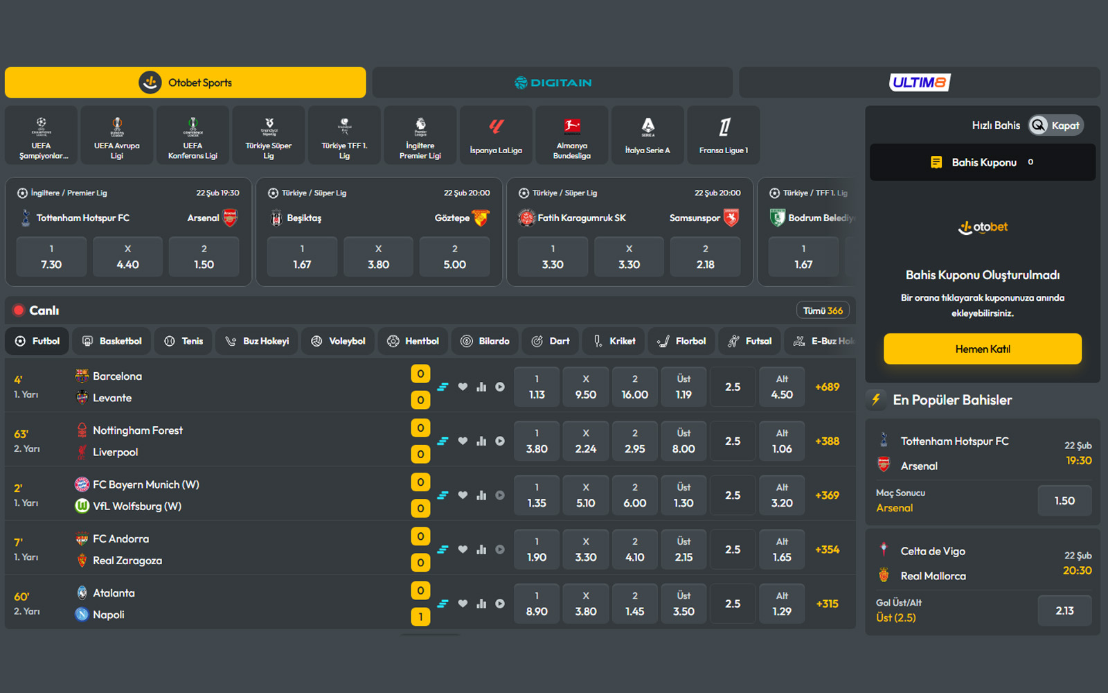 Otobet giriş sayfasında üst menüde spor, canlı bahis ve casino sekmelerinin öne çıktığı arayüz.