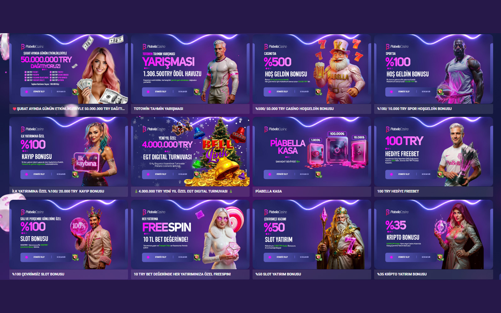Piabellacasino bonus sayfasında yüzde oranlı ilk para yatırma bonus tekliflerinin tablolar halinde gösterildiği görünüm.