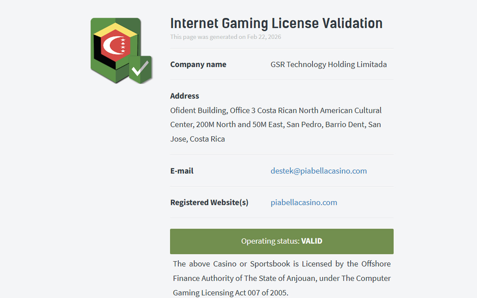 Piabellacasino lisans ekranında oyuncular için sunulan yasal sorumluluk beyanı ve lisans referans numaralarının yer aldığı tasarım.