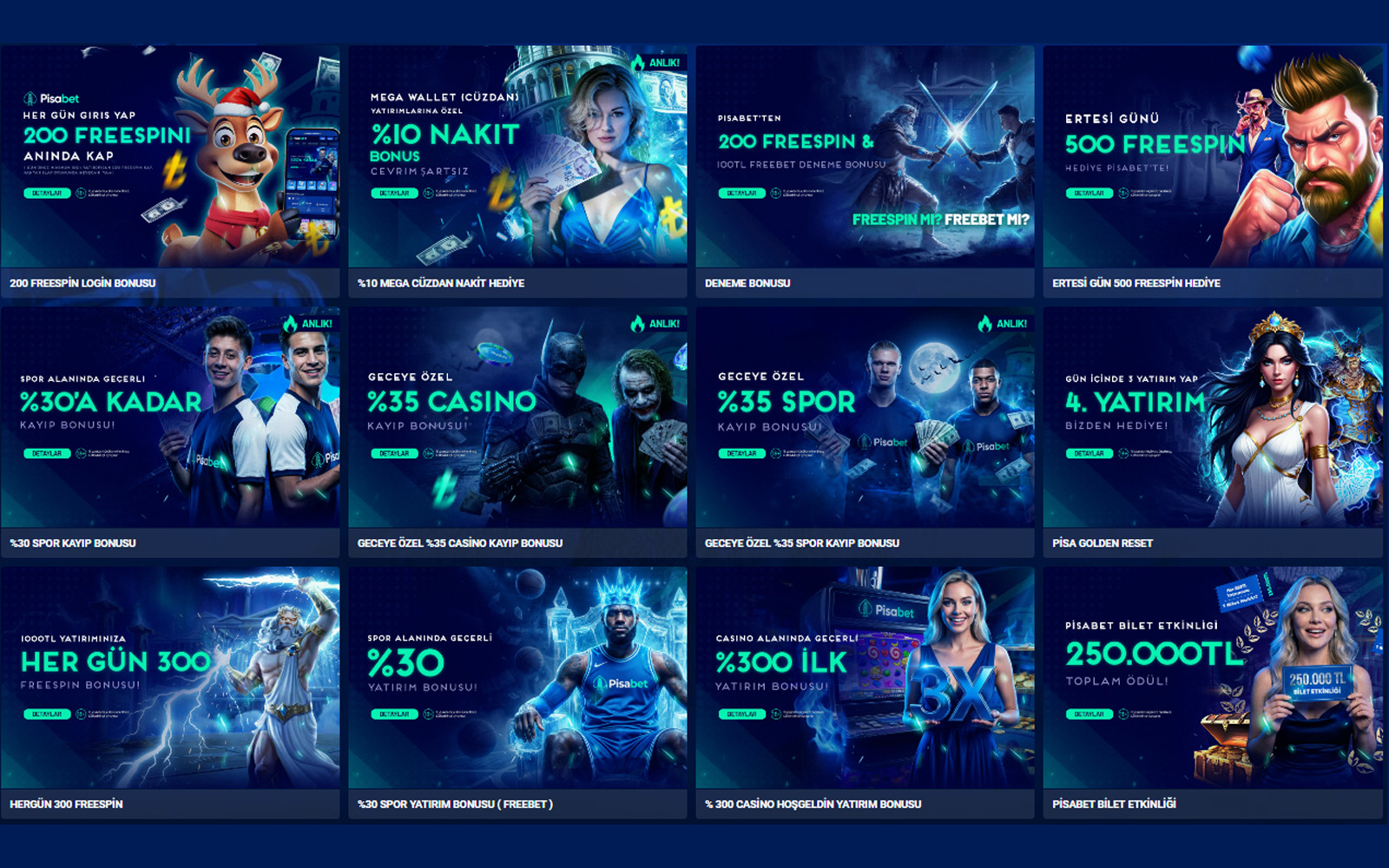 Pisabet bonus sayfasında her promosyonun altında çevrim şartı, maksimum kazanç ve geçerlilik süresi bilgilerinin bulunduğu görünüm.