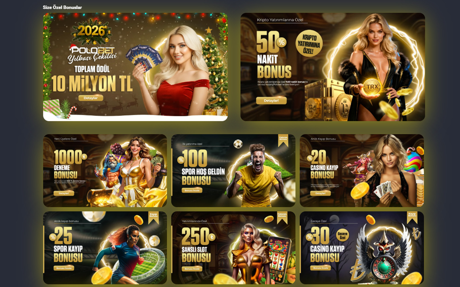 Polobet bonus bölümünde ana banner üzerinde hoş geldin promosyonu, altında diğer kampanyaların sıralandığı ekran.