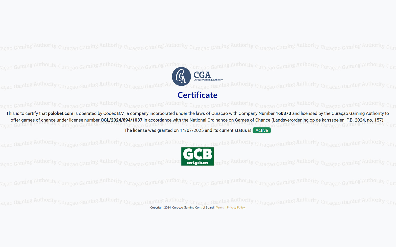 Polobet lisans sayfasında alt bölümde yer alan kullanım şartları ve lisans referans bağlantılarının görüldüğü ekran.