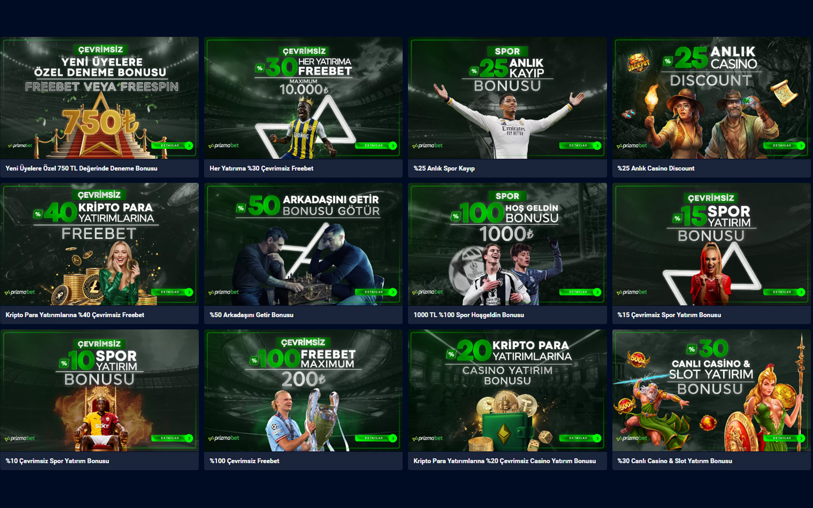 Prizmabet bonus sayfasında yeni çıkan kampanyaları vurgulayan öne çıkan bonus etiketiyle işaretli kutucuklar.