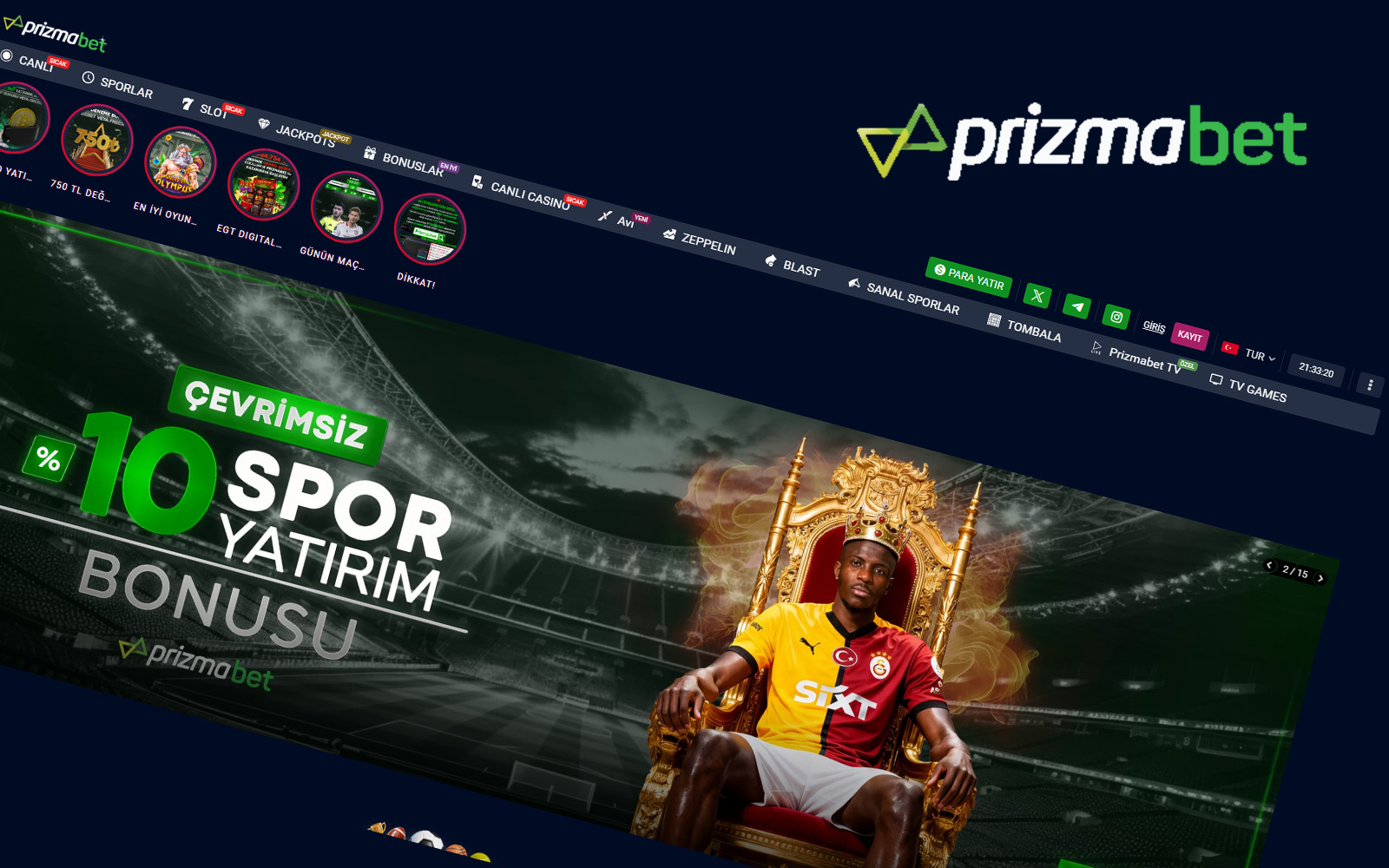 Prizmabet giriş sayfasında kullanıcıların kupon oluşturmasına yardımcı olan ana menü ve oran listesi.