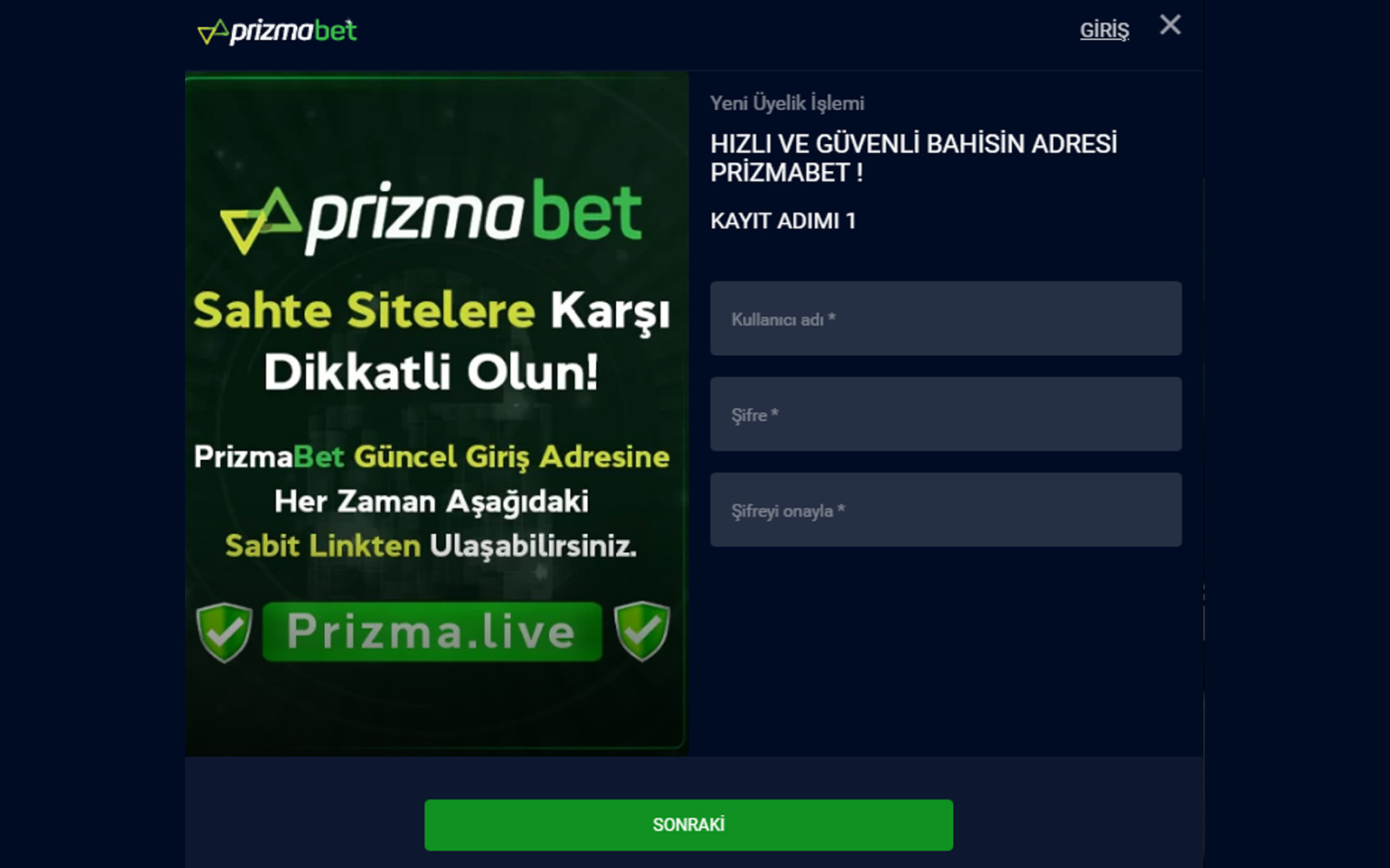 Prizmabet kayıt ekranında e-posta doğrulaması gerektiğini anlatan kısa uyarı mesajının yer aldığı bölüm.