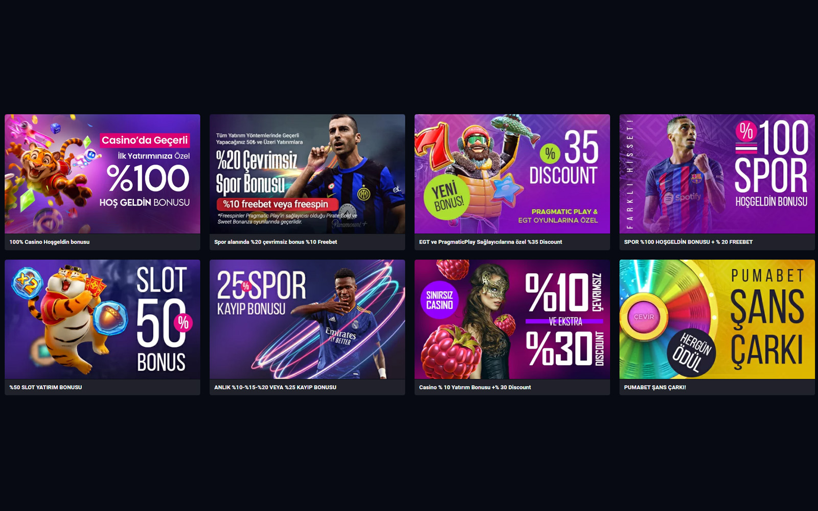 Pumabet bonus sayfasında cashback bonus ve kayıp iadesi tekliflerinin oranlarıyla birlikte gösterildiği görünüm.
