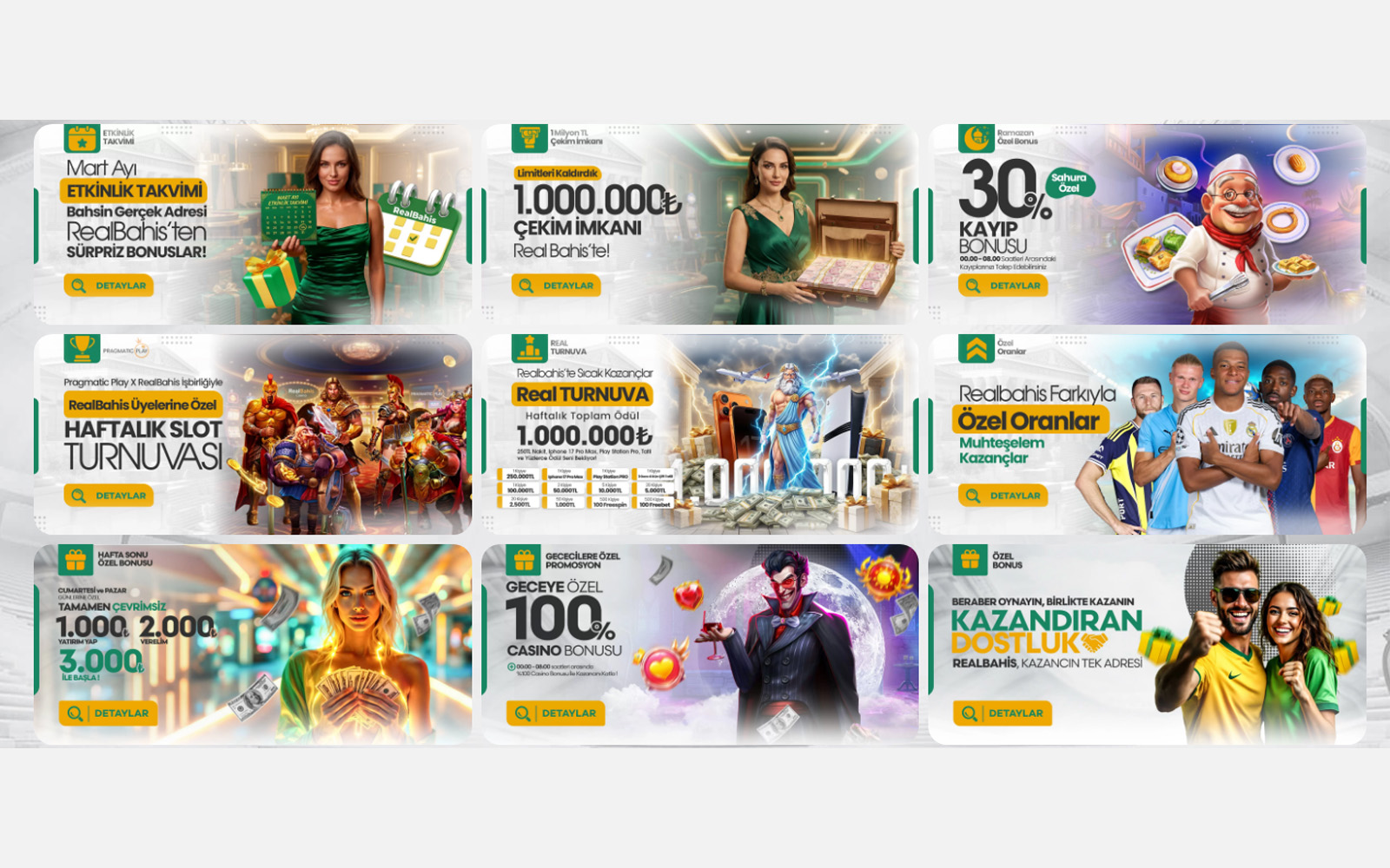 Realbahis bonus ekranında casino oyuncularına özel yatırım bonus ve freespin paketlerinin gösterildiği arayüz.