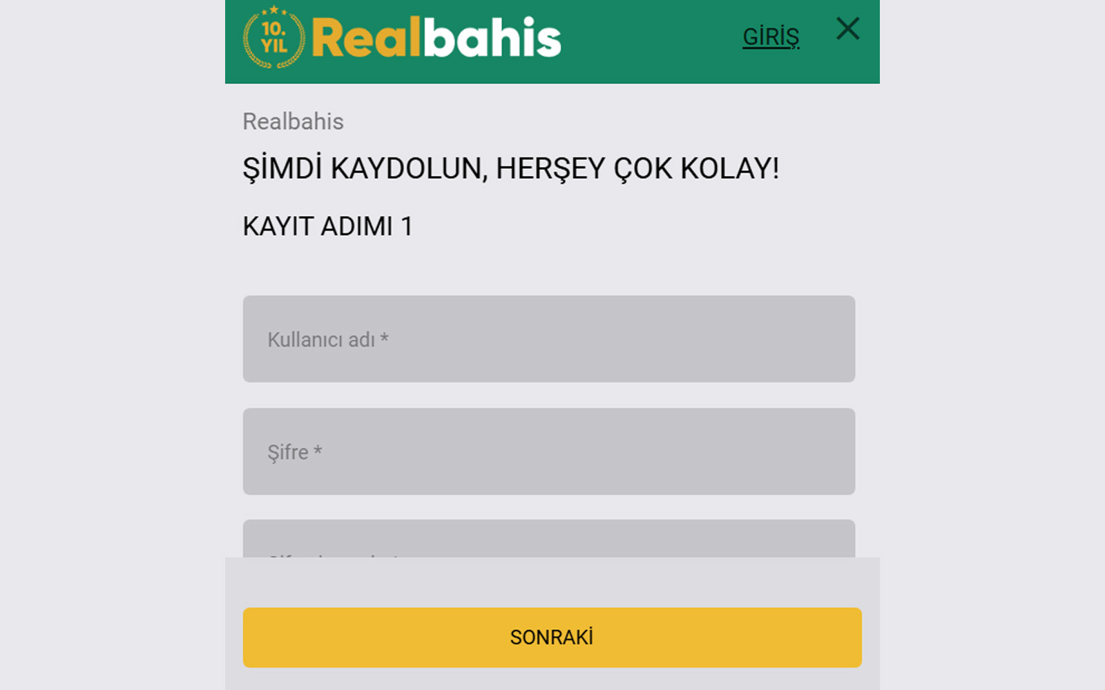 Realbahis kayıt sayfasında üstte kısa tanıtım metni, altta eksiksiz doldurulması gereken üyelik formu.