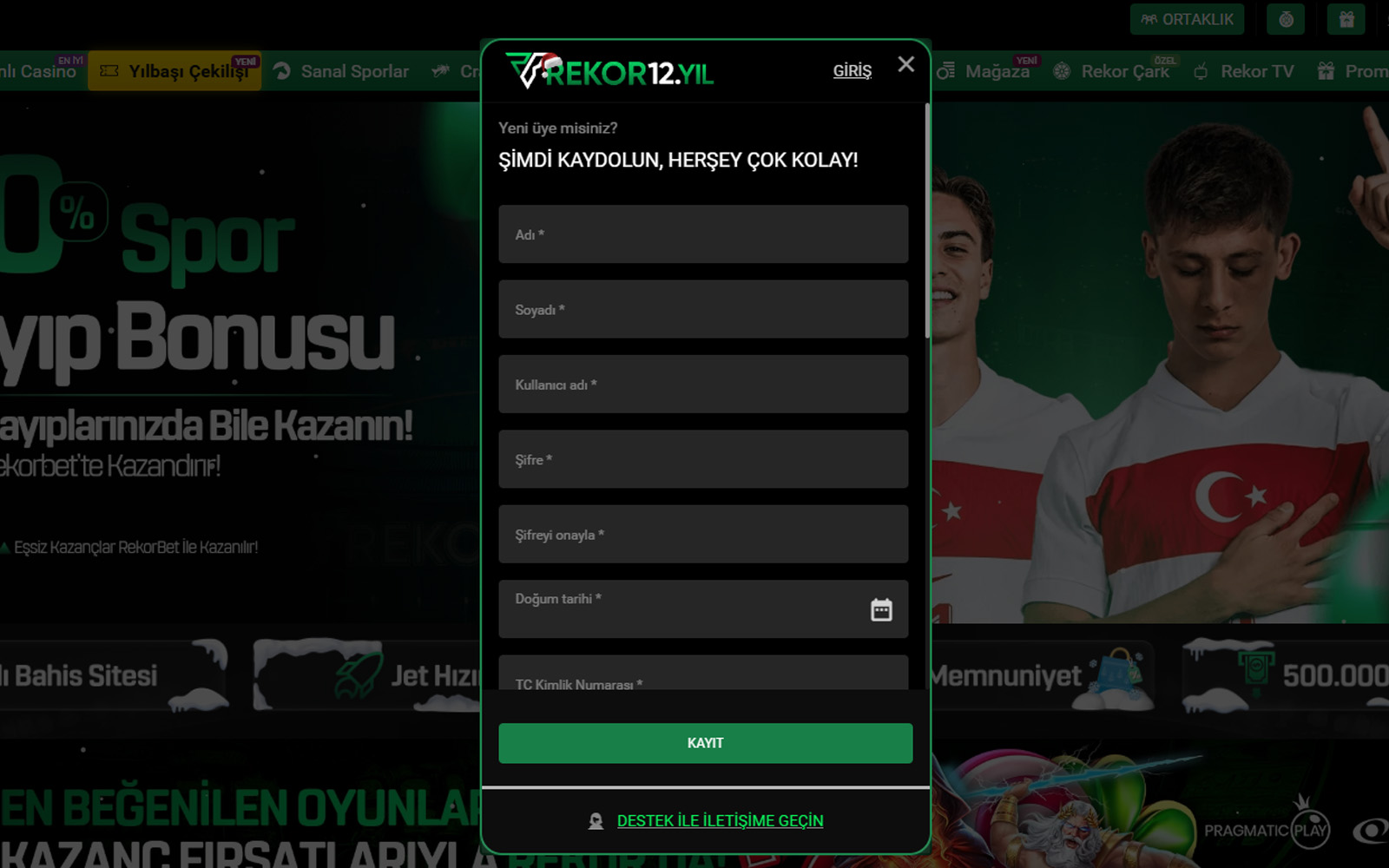 Rekorbet giriş sayfasında yeni kullanıcılar için dikkat çekici kayıt ol çağrısının bulunduğu ana ekran.