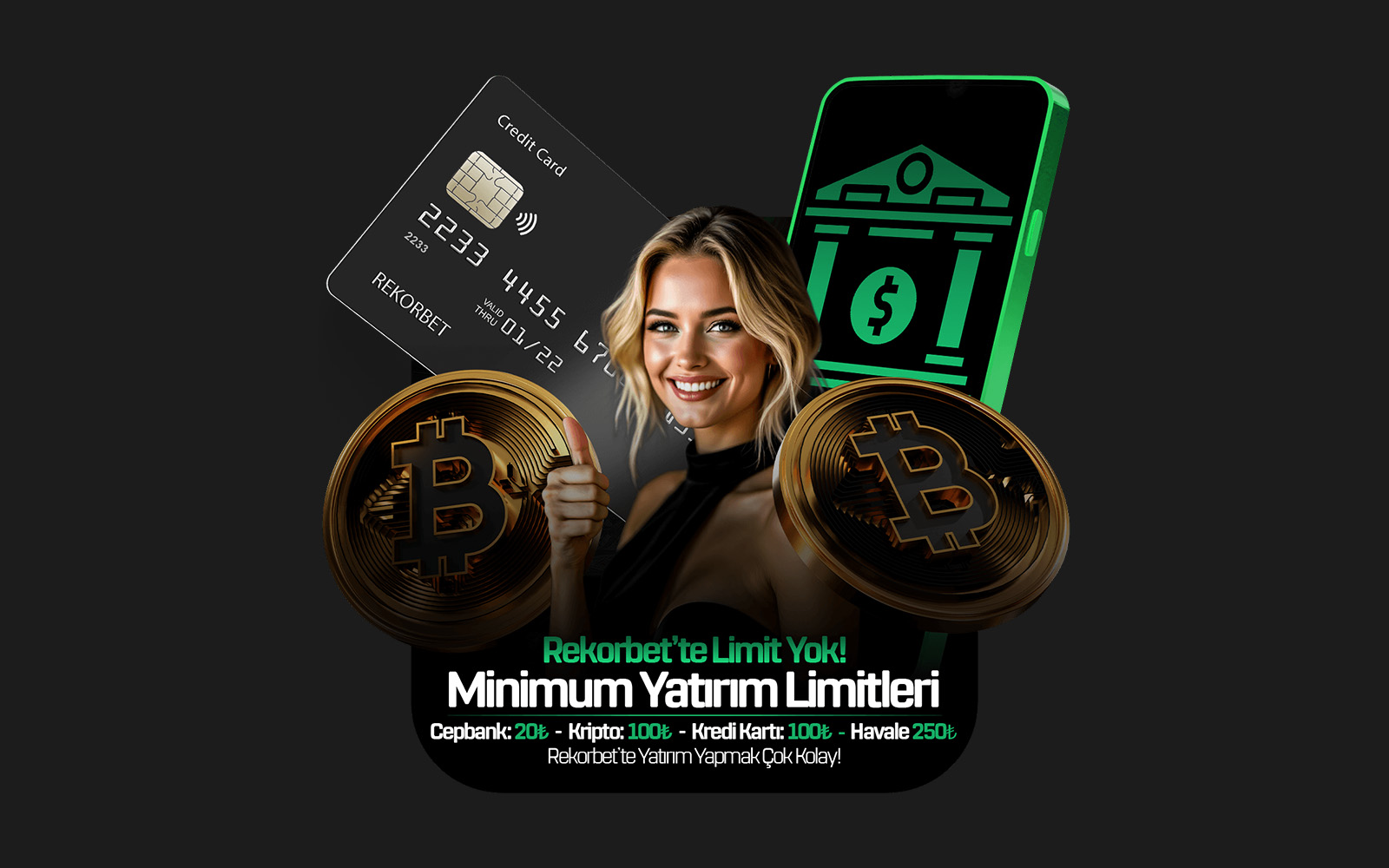 Rekorbet ödeme sayfasında her ödeme yönteminin yanında işlem süresi ve alt limitlerin yer aldığı bilgilendirme satırları.