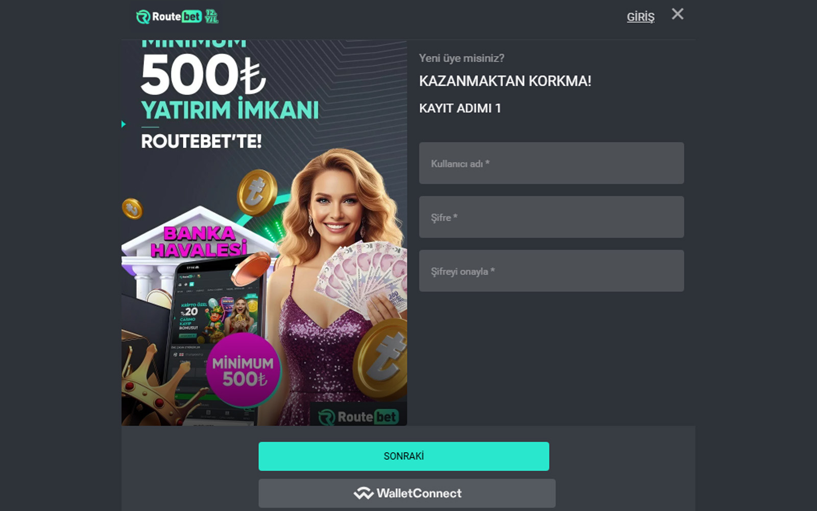 Routebet kayıt ekranında zorunlu alanları yıldız işaretiyle belirten kullanıcı dostu form düzeni.