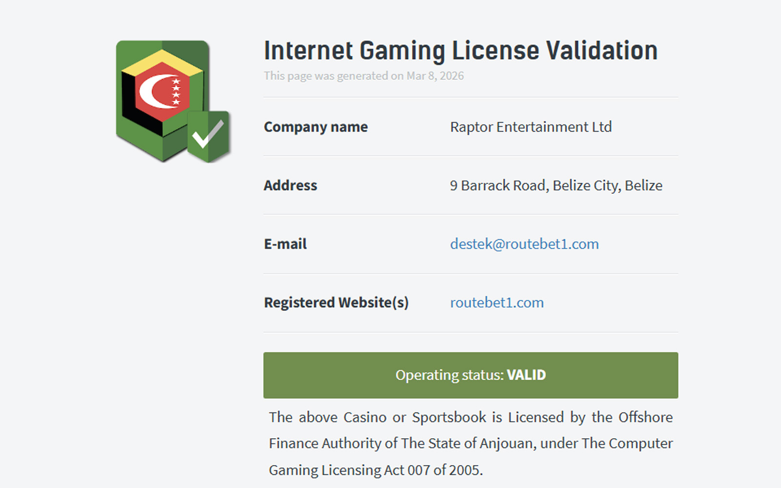 Routebet lisans bölümünde oyuncular için hazırlanan güvenlik ve yasal çerçeve metninin bulunduğu sayfa.