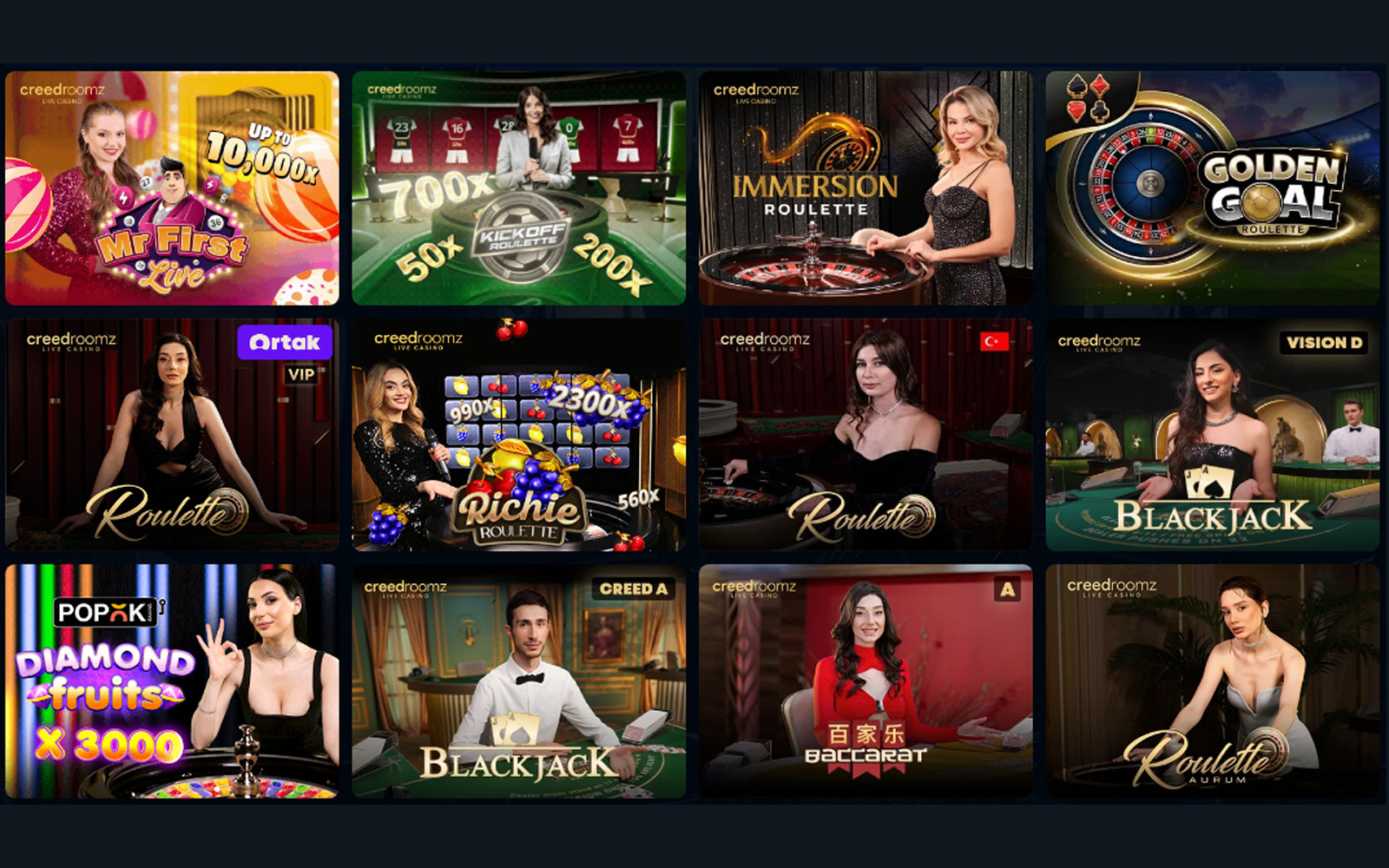 Sapphirepalace casino bölümünde koyu arka plan üzerinde parlak oyun logolarıyla modern bir görünüm sunan tasarım.