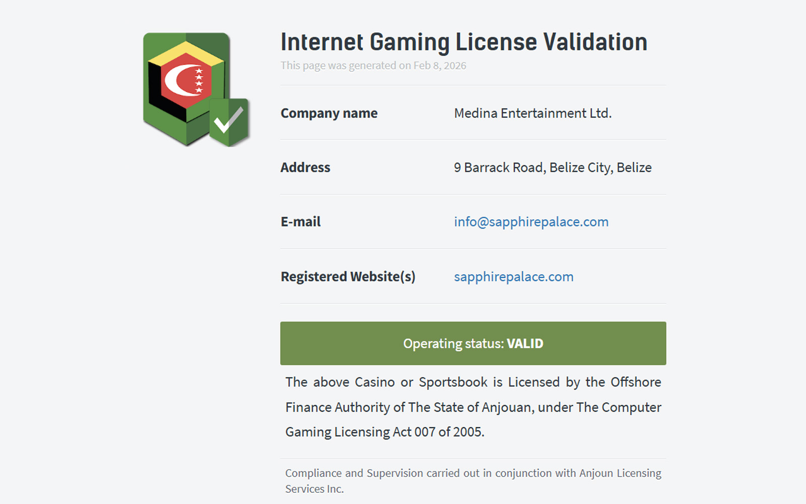Sapphirepalace lisans ekranında şirket adı, kayıt numarası ve denetleyici kurum detaylarının yer aldığı görünüm.