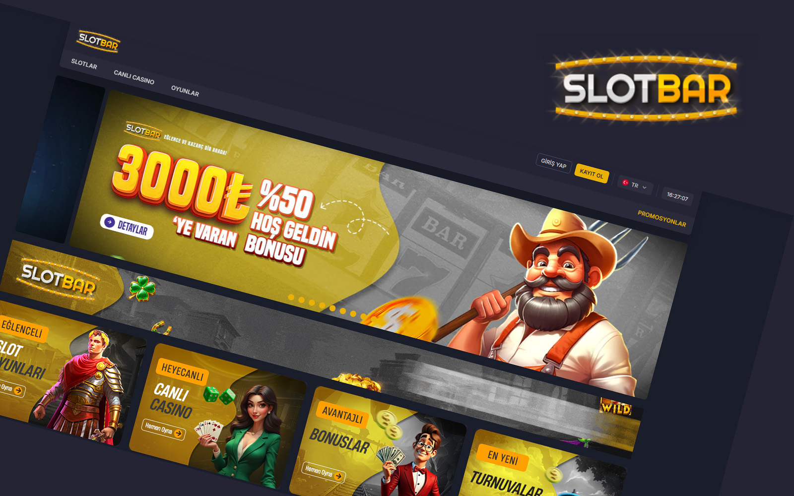 Slotbar giriş sayfasında sitenin marka kimliğini öne çıkaran logo yerleşimi ve ana menü düzeni.