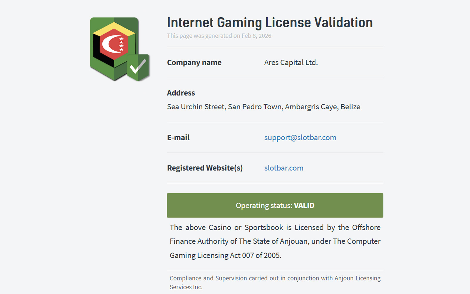 Slotbar lisans ekranında oyuncular için sunulan yasal sorumluluk beyanı ve lisans referans numaralarının yer aldığı tasarım.
