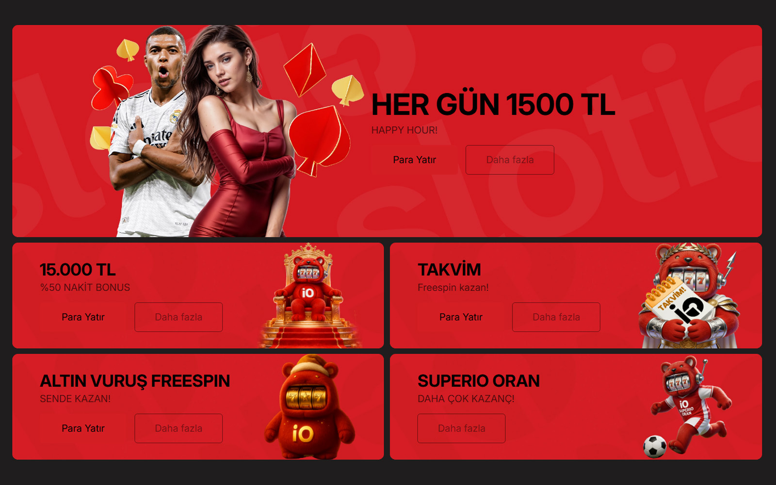 Slotio bonus bölümünde spor ve casino için ayrı başlıklarla sunulan bonus seçeneklerinin görüldüğü arayüz.