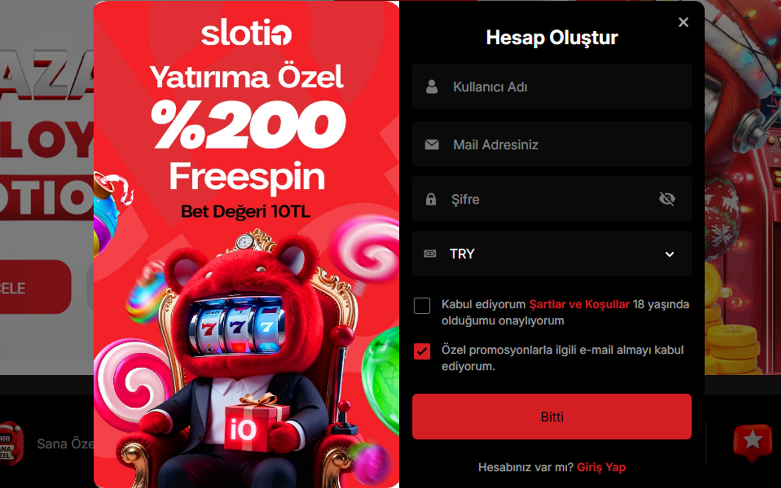 Slotio kayıt ekranında formu tamamla butonunun büyük ve dikkat çekici şekilde konumlandırıldığı sayfa.