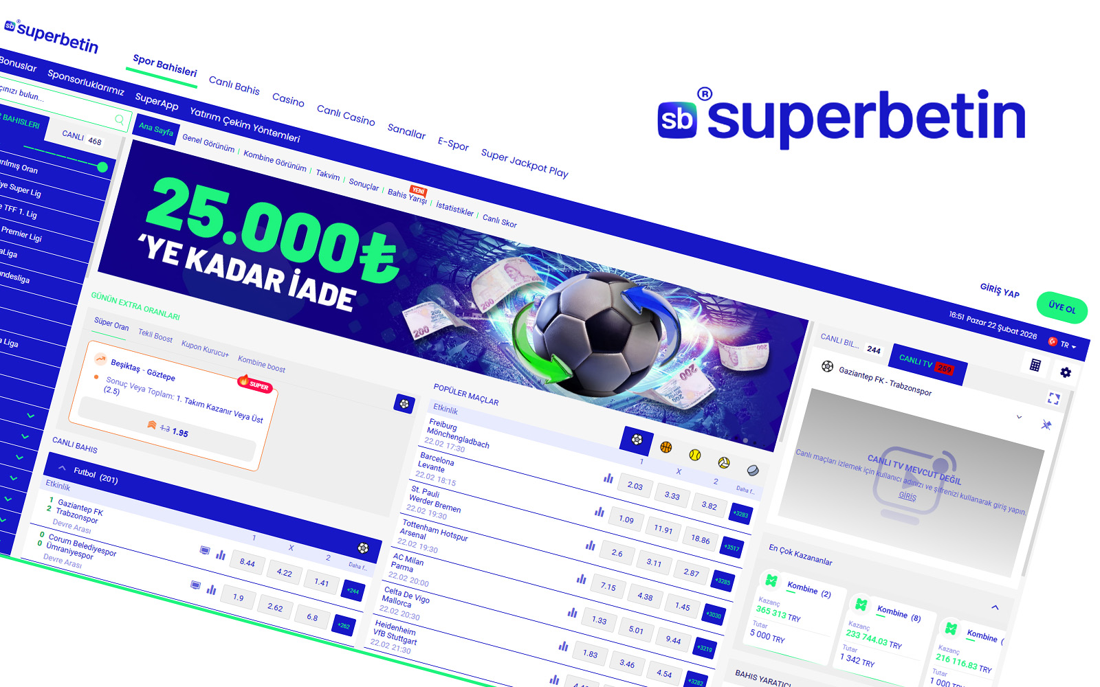 Superbetin giriş anasayfasında ana banner, kategori şeritleri ve alt bölümde yer alan bilgilendirme linkleri.