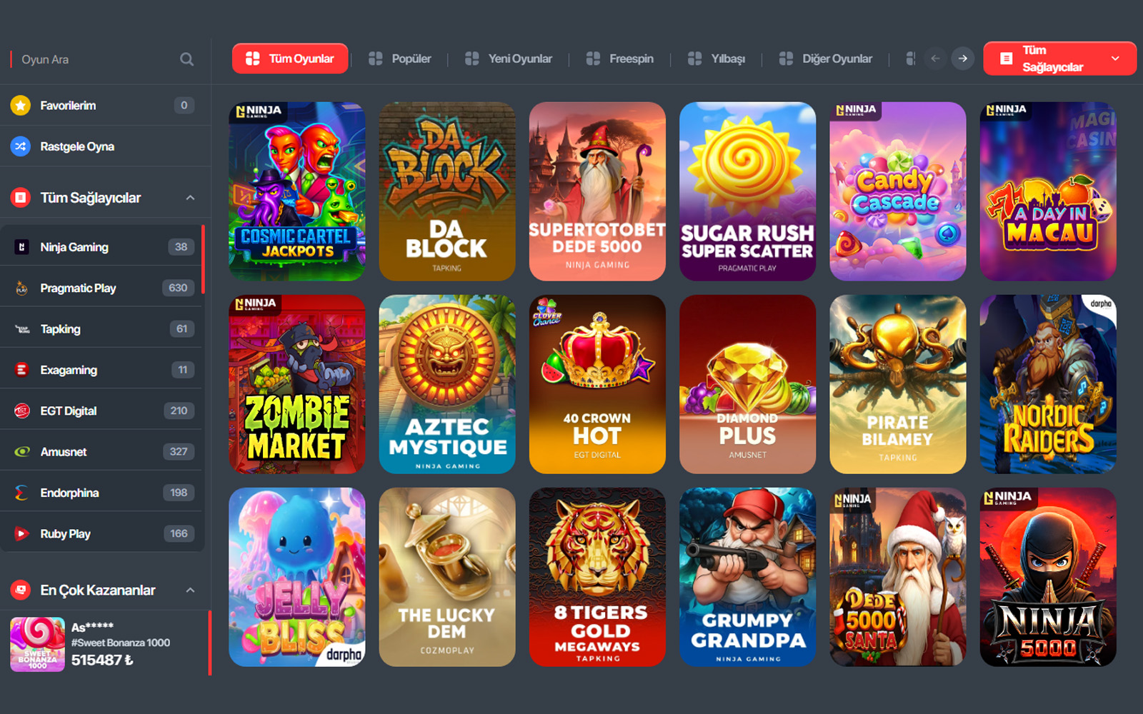 Supertotobet casino lobisinde oyun sağlayıcı logolarının üst kısımda, oyun kutucuklarının alt kısımda yer aldığı tasarım.