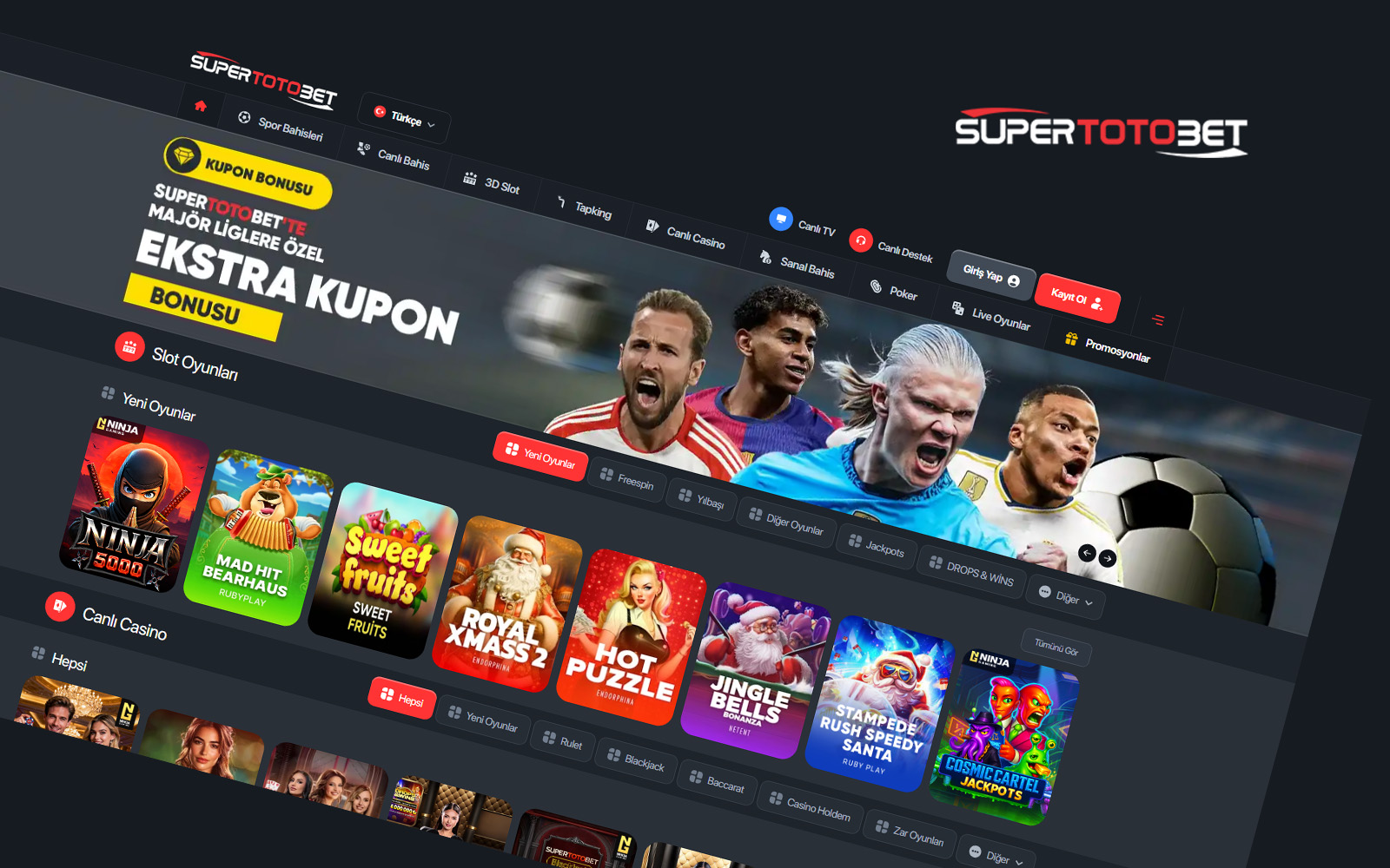 Supertotobet giriş sayfasında kullanıcıların kupon oluşturmasına yardımcı olan ana menü ve oran listesi.